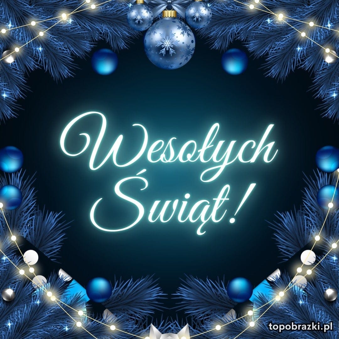Niebieskie gałązki i bombki z napisem Wesołych Świąt, świąteczna dekoracja w chłodnych kolorach