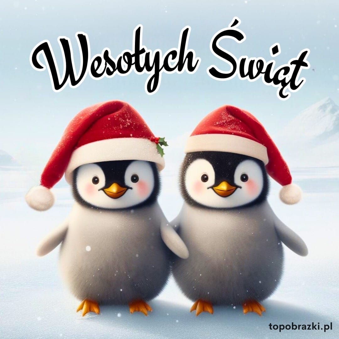 Dwa pingwiny w czapkach świątecznych, uśmiechnięte na tle śniegu, napis Wesołych Świąt