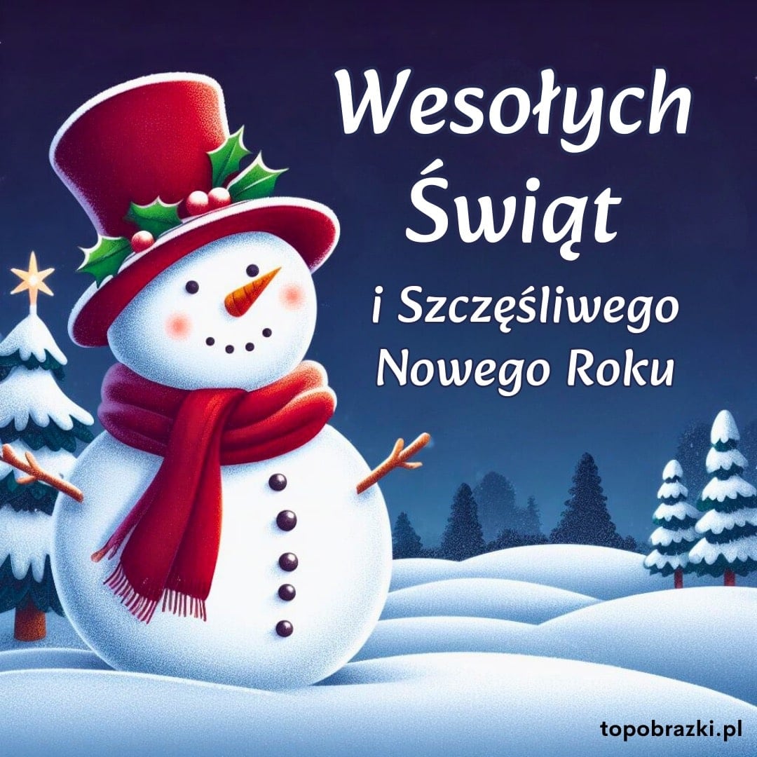 Uśmiechnięty bałwanek w czerwonym kapeluszu i szaliku na zimowym, świątecznym tle z choinkami