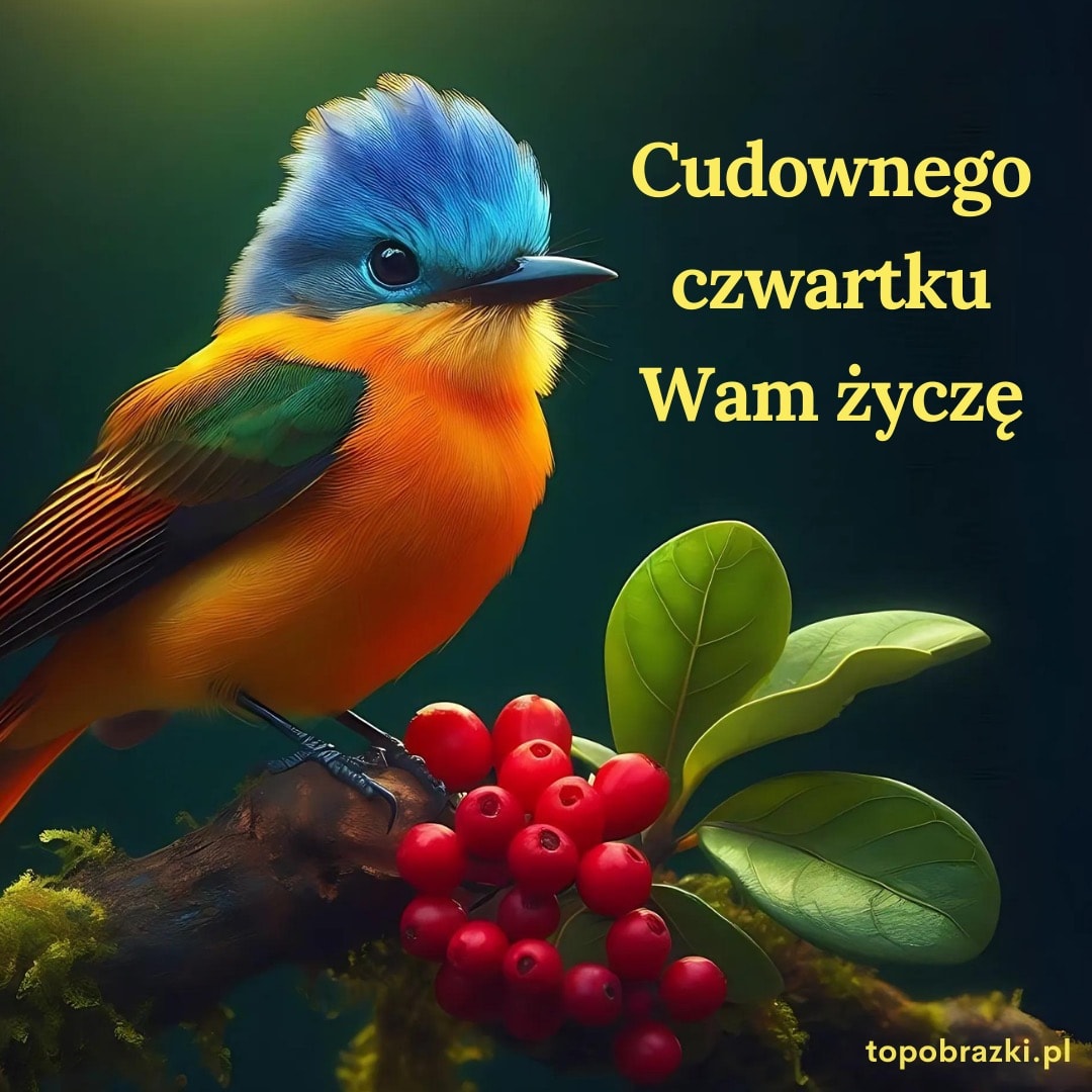 Kolorowy ptak z niebieską głową i pomarańczowym brzuszkiem siedzący na gałęzi obok czerwonych jagód, z życzeniami cudownego czwartku.