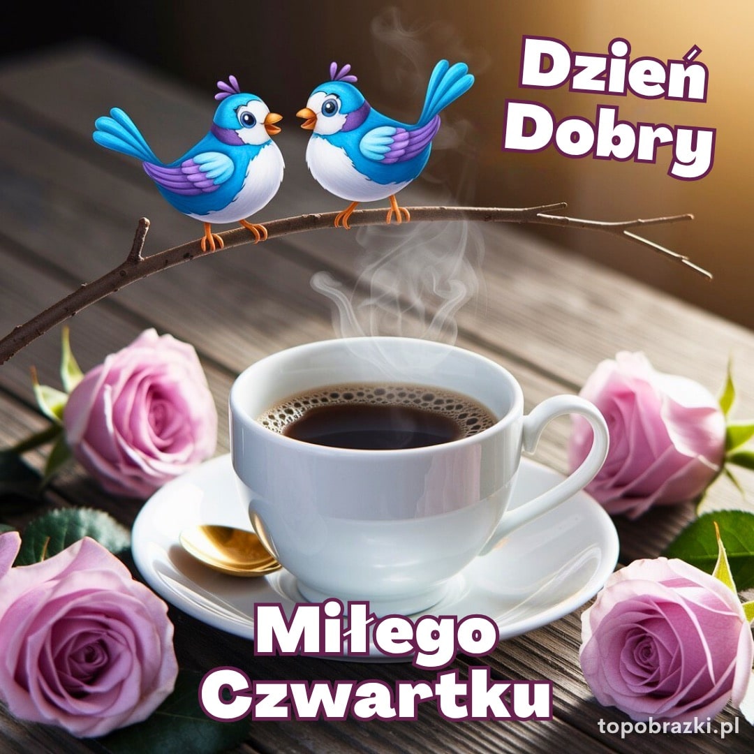 Filiżanka kawy z różami, dwiema niebieskimi ptaszkami i napisem „Dzień Dobry – Miłego Czwartku”.