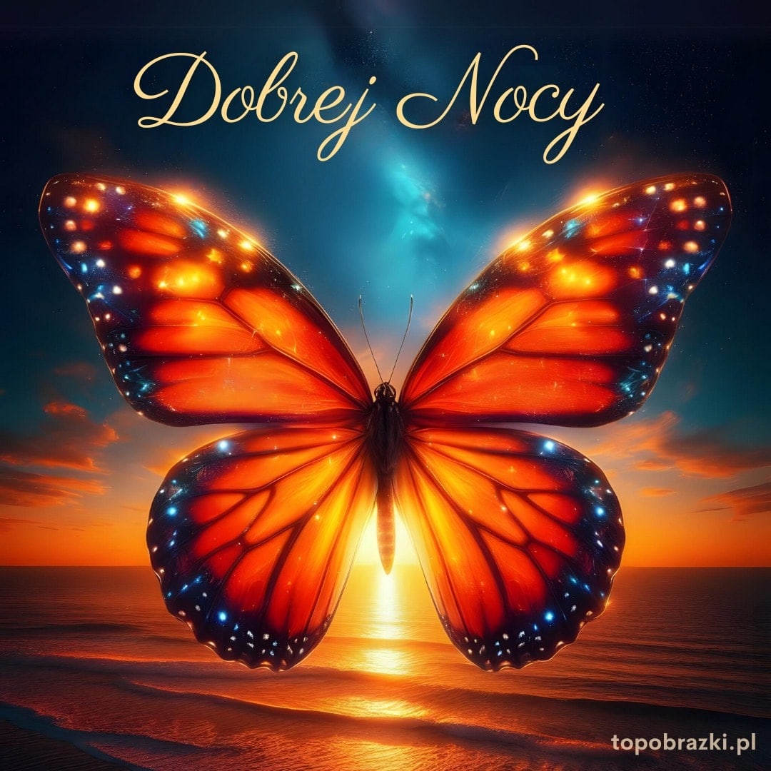 Piękny pomarańczowy motyl na tle zachodu słońca z napisem 'Dobrej Nocy'. Magiczne życzenia na zakończenie dnia.