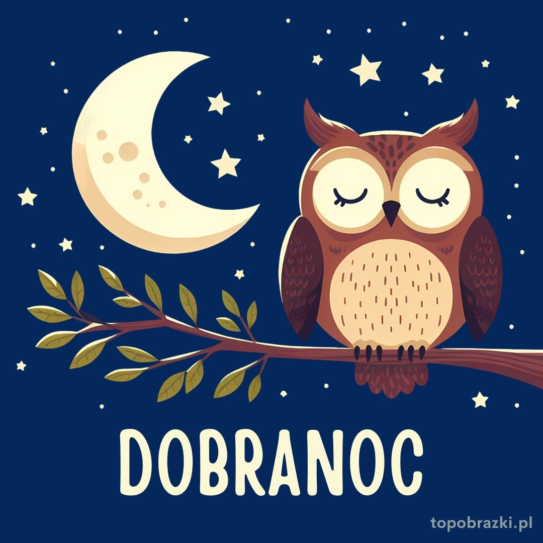 Sowa na gałęzi pod księżycem z napisem 'Dobranoc'. Urocze życzenia na spokojną i cichą noc.