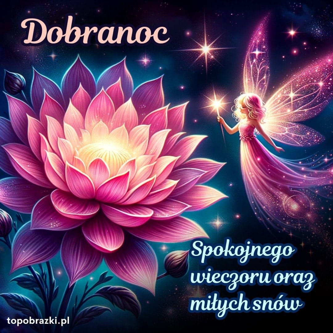 Wróżka i kwiat lotosu na tle gwiaździstego nieba z napisem Dobranoc.