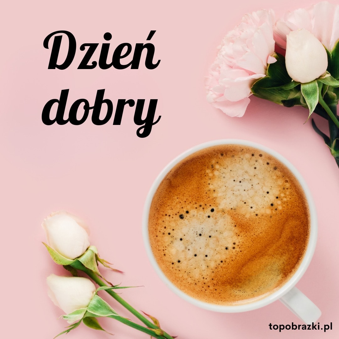Filiżanka kawy na różowym tle z białymi różami i napisem 'Dzień dobry'. Eleganckie i delikatne powitanie dnia