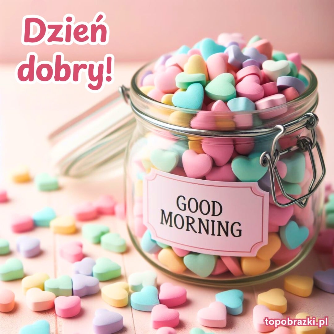 Słoik wypełniony pastelowymi serduszkami z napisem „Good Morning” i tekstem „Dzień dobry!” w rogu obrazka