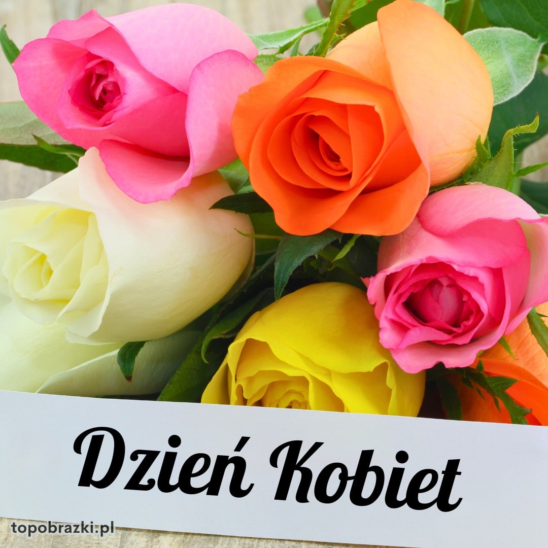 Kolorowe róże z kartką Dzień Kobiet – klasyczna kartka z kwiatami