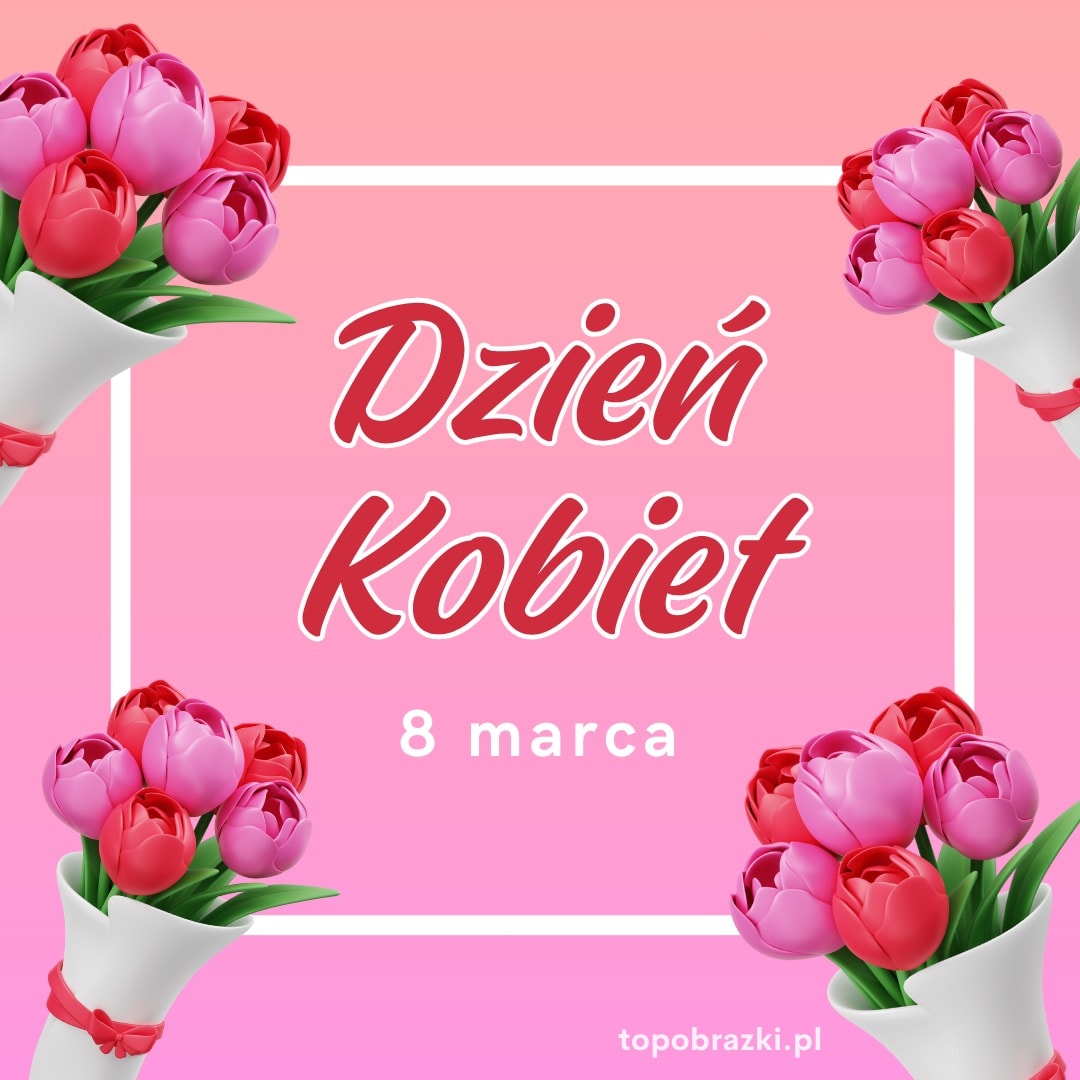 Cztery bukiety różowych i czerwonych tulipanów na różowym tle z napisem „Dzień Kobiet – 8 marca”.