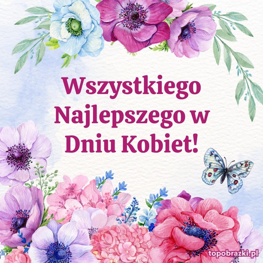 Kolorowa kartka z pastelowymi kwiatami i motylem, idealna na życzenia z okazji Dnia Kobiet.
