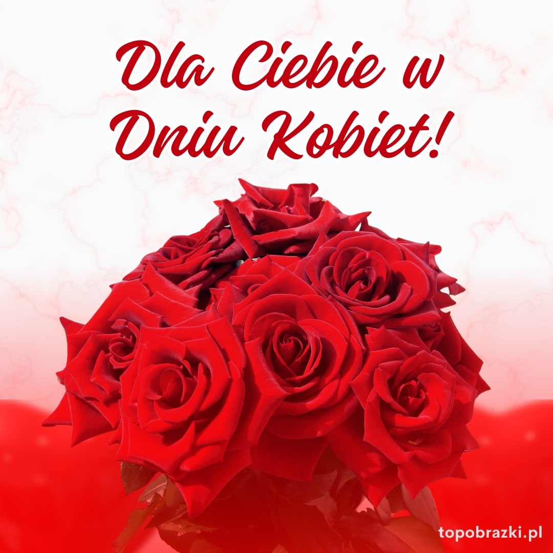 Bukiet czerwonych róż na eleganckiej kartce z życzeniami na Dzień Kobiet.