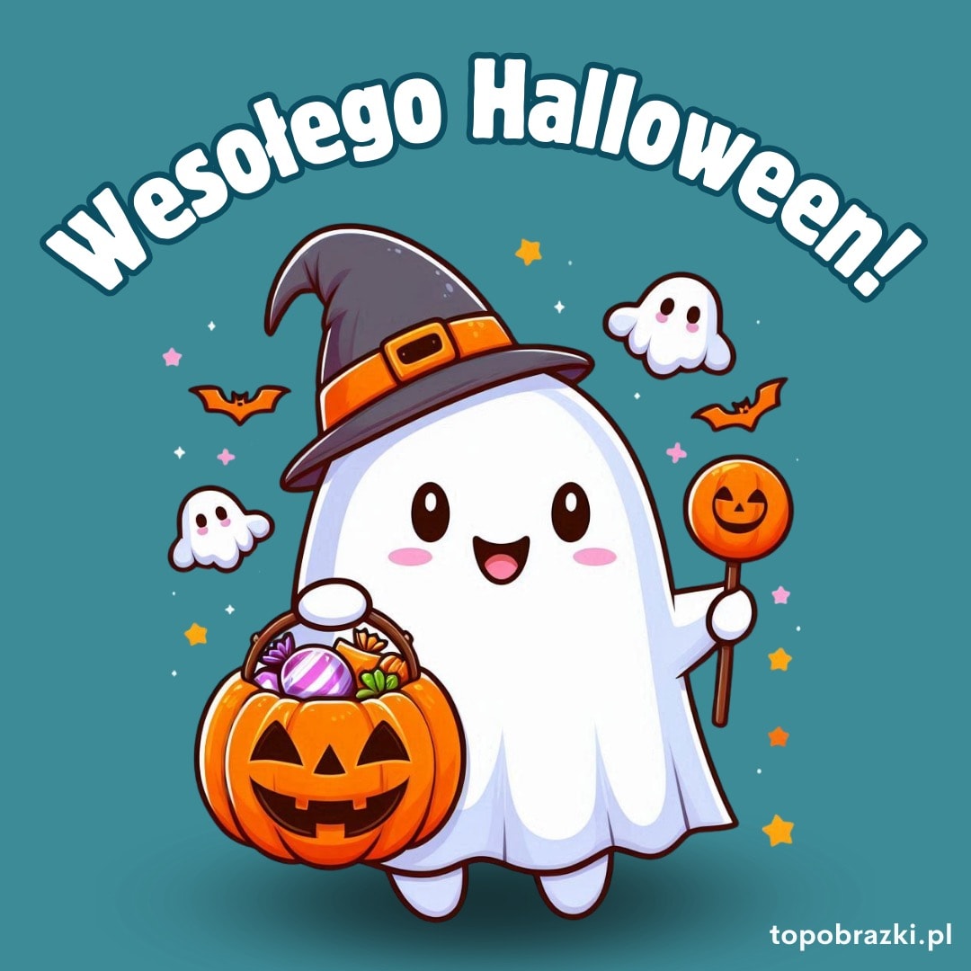Uroczy duch w kapeluszu czarownicy trzyma koszyk z dynią i cukierki, z napisem "Wesołego Halloween". Kartka na Halloween.