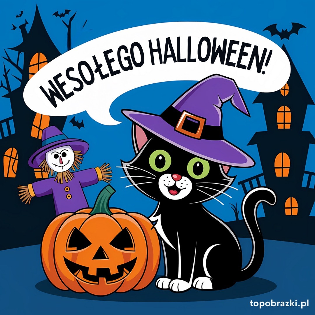 Uśmiechnięty czarny kot w kapeluszu czarownicy obok dyni, z napisem "Wesołego Halloween" na tle domków strachu.