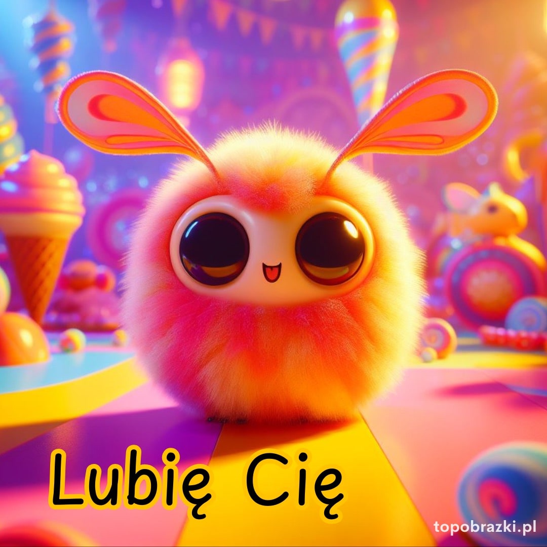 Kolorowy, pluszowy stworek z dużymi oczami i napisem „Lubię Cię”