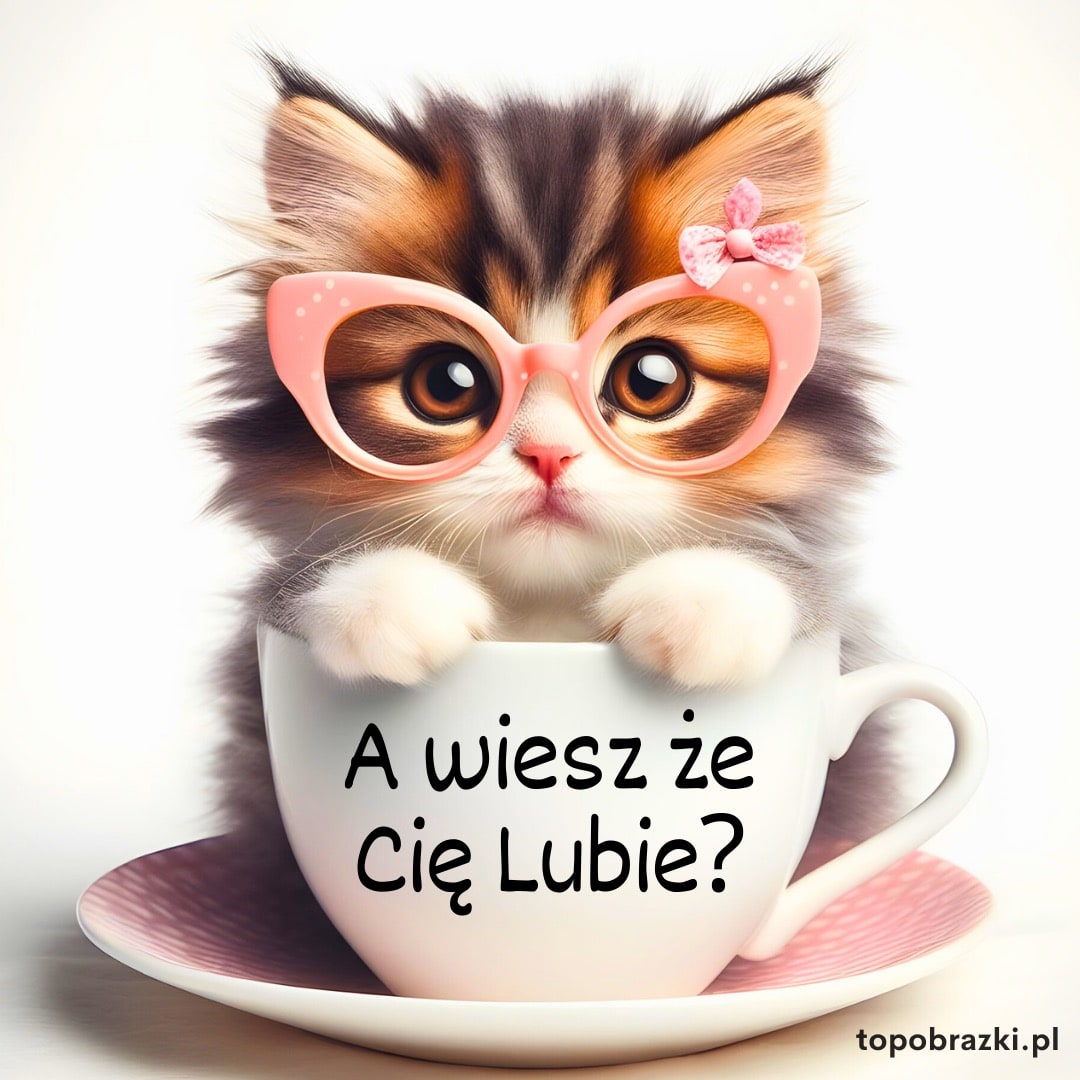 Uroczy kotek w filiżance z napisem „A wiesz, że Cię lubię?”