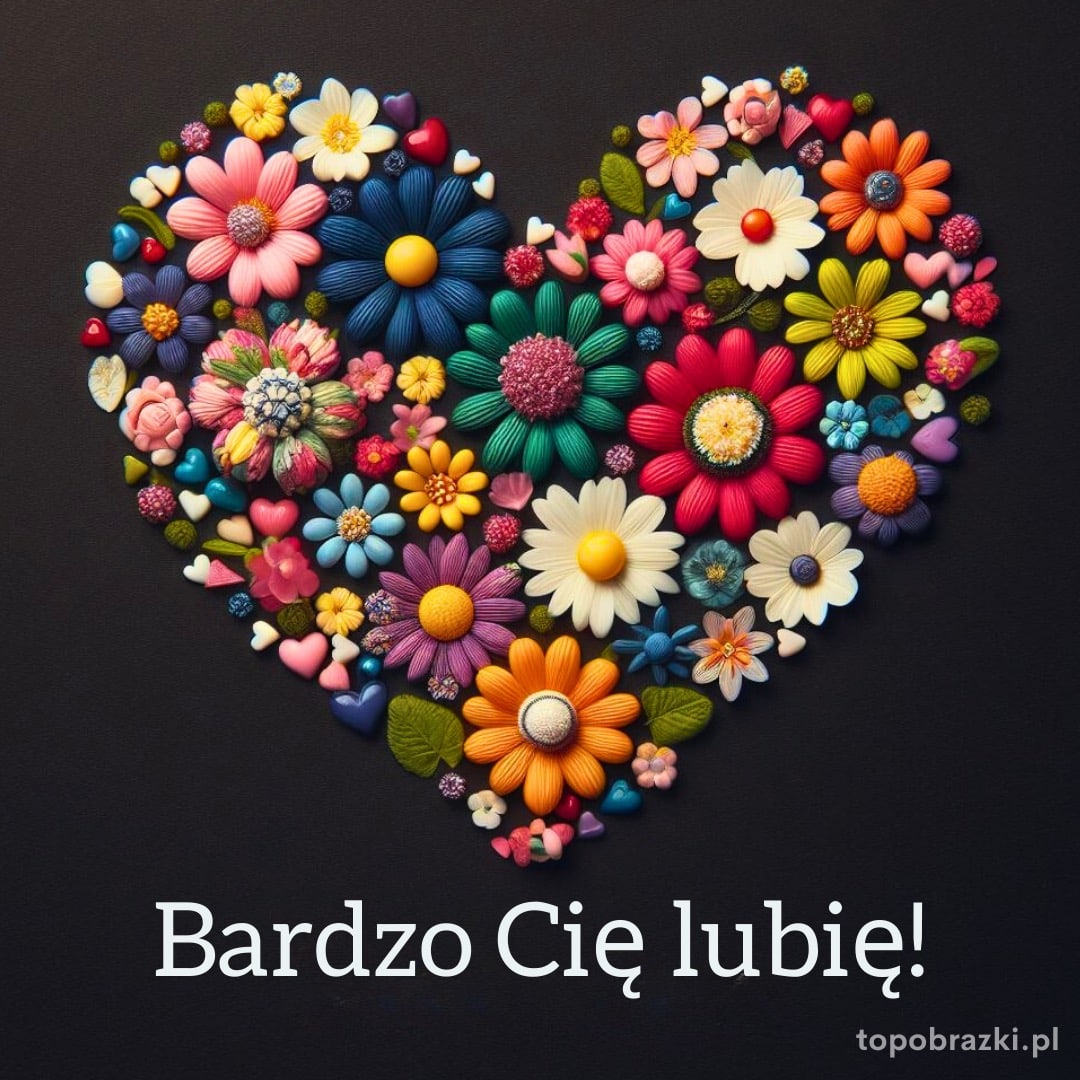 Kolorowe kwiaty ułożone w kształt serca na ciemnym tle z napisem "Bardzo Cię lubię!".