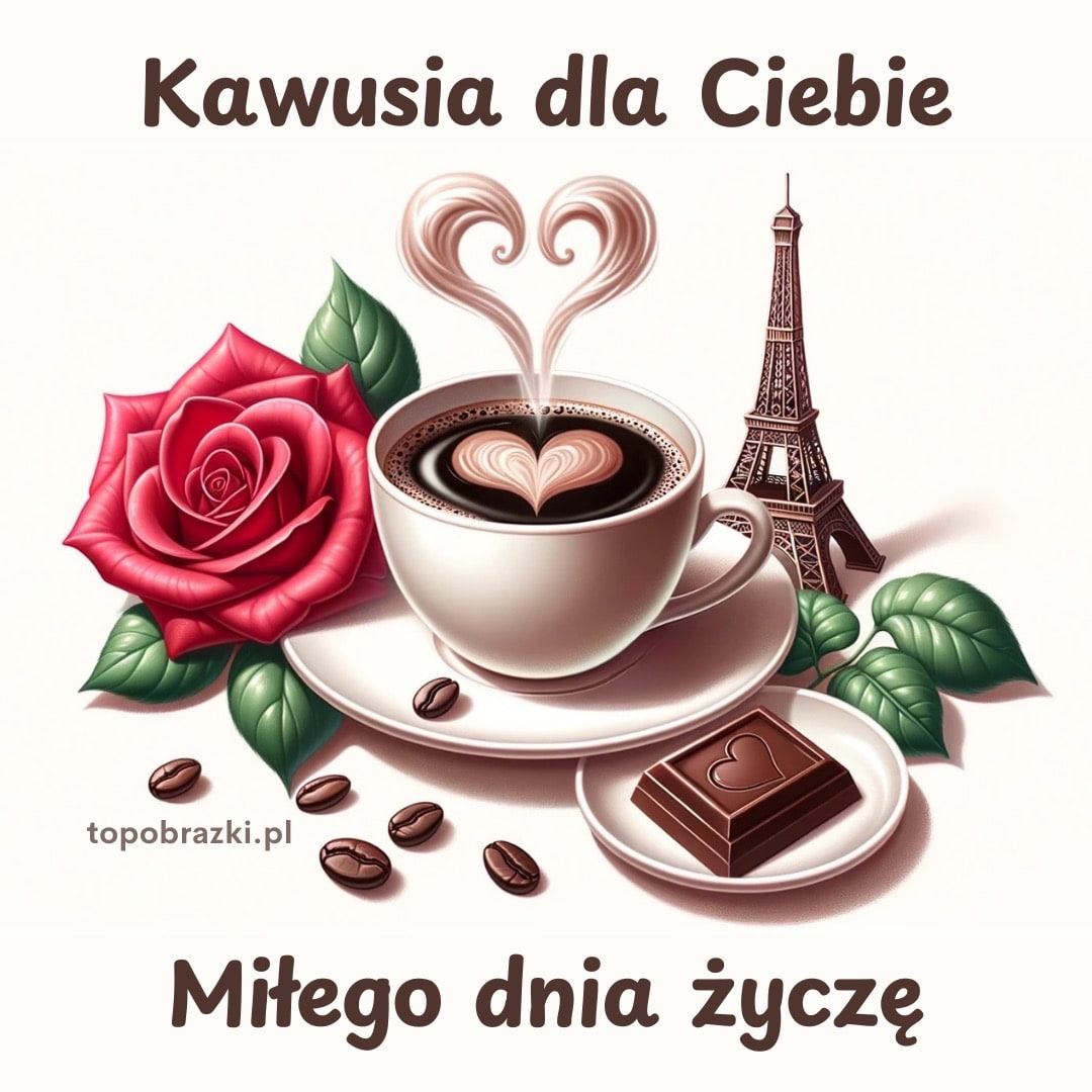 Filiżanka kawy z sercem, czerwona róża i wieża Eiffla, napis „Kawusia dla Ciebie, Miłego dnia życzę”