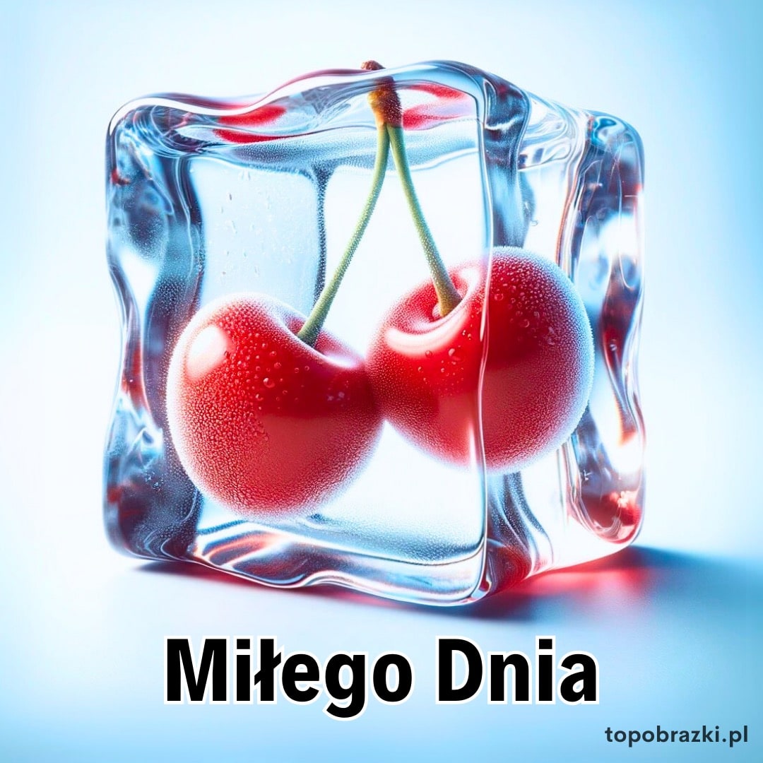 Dwie czerwone wiśnie zamknięte w kostce lodu, napis „Miłego Dnia”