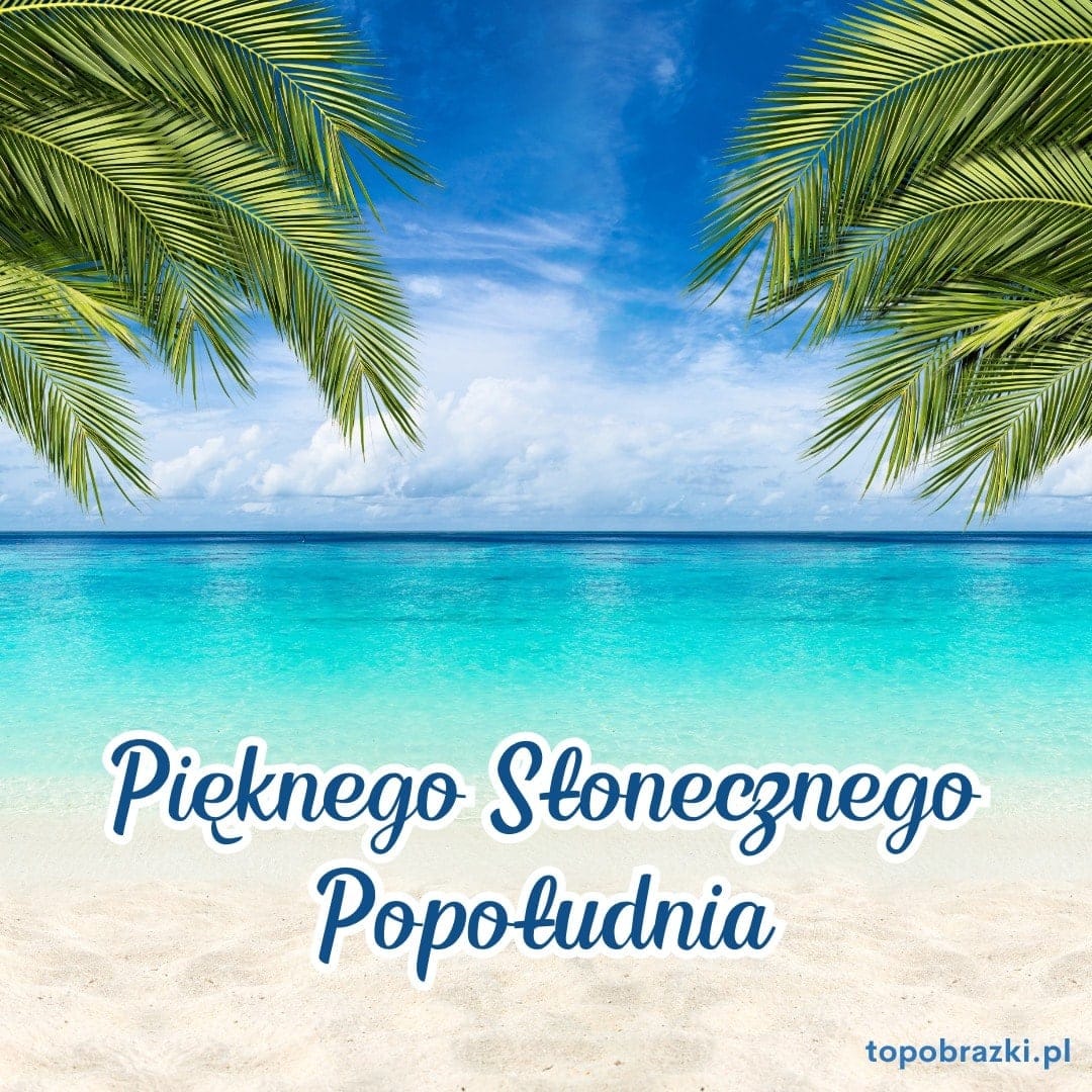 Tropikalna plaża z palmami i błękitnym morzem z napisem 'Pięknego Słonecznego Popołudnia'. Życzenia pełne słońca.