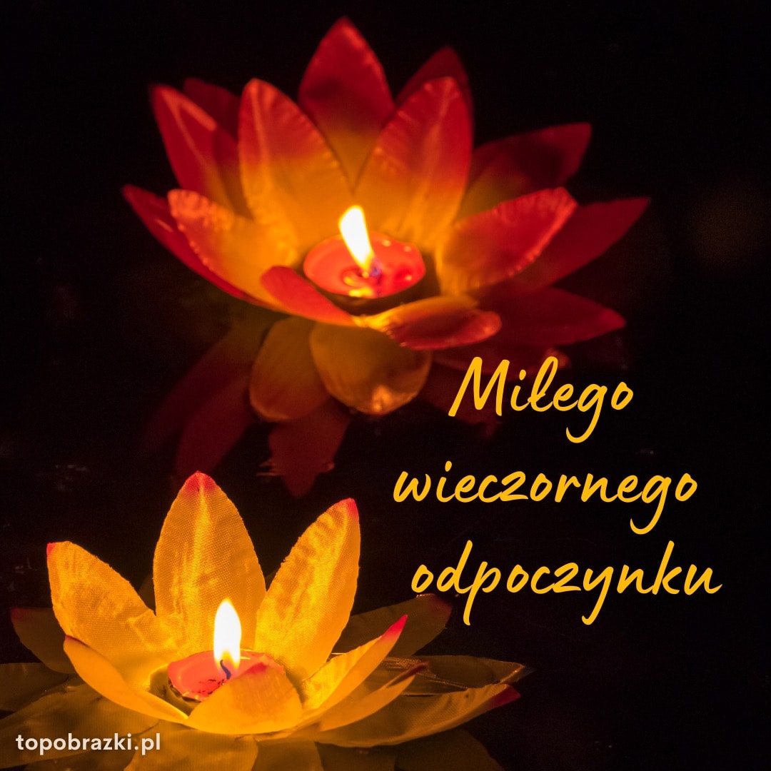 Płonące świeczki w kształcie kwiatów na ciemnym tle z napisem 'Miłego wieczornego odpoczynku'. Nastrojowe życzenia.
