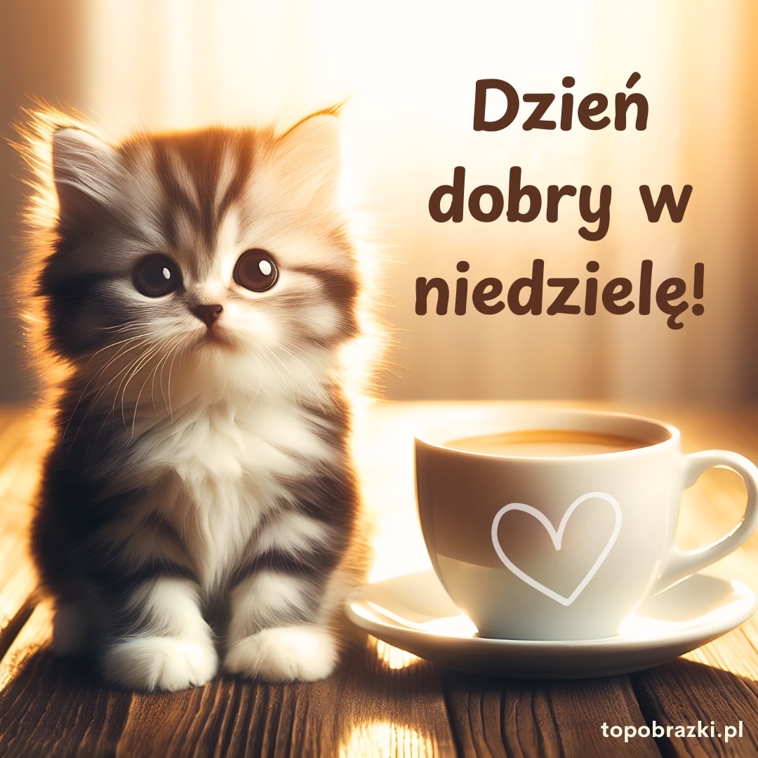 Słodki szary kotek obok filiżanki kawy, witający "Dzień dobry w niedzielę!"