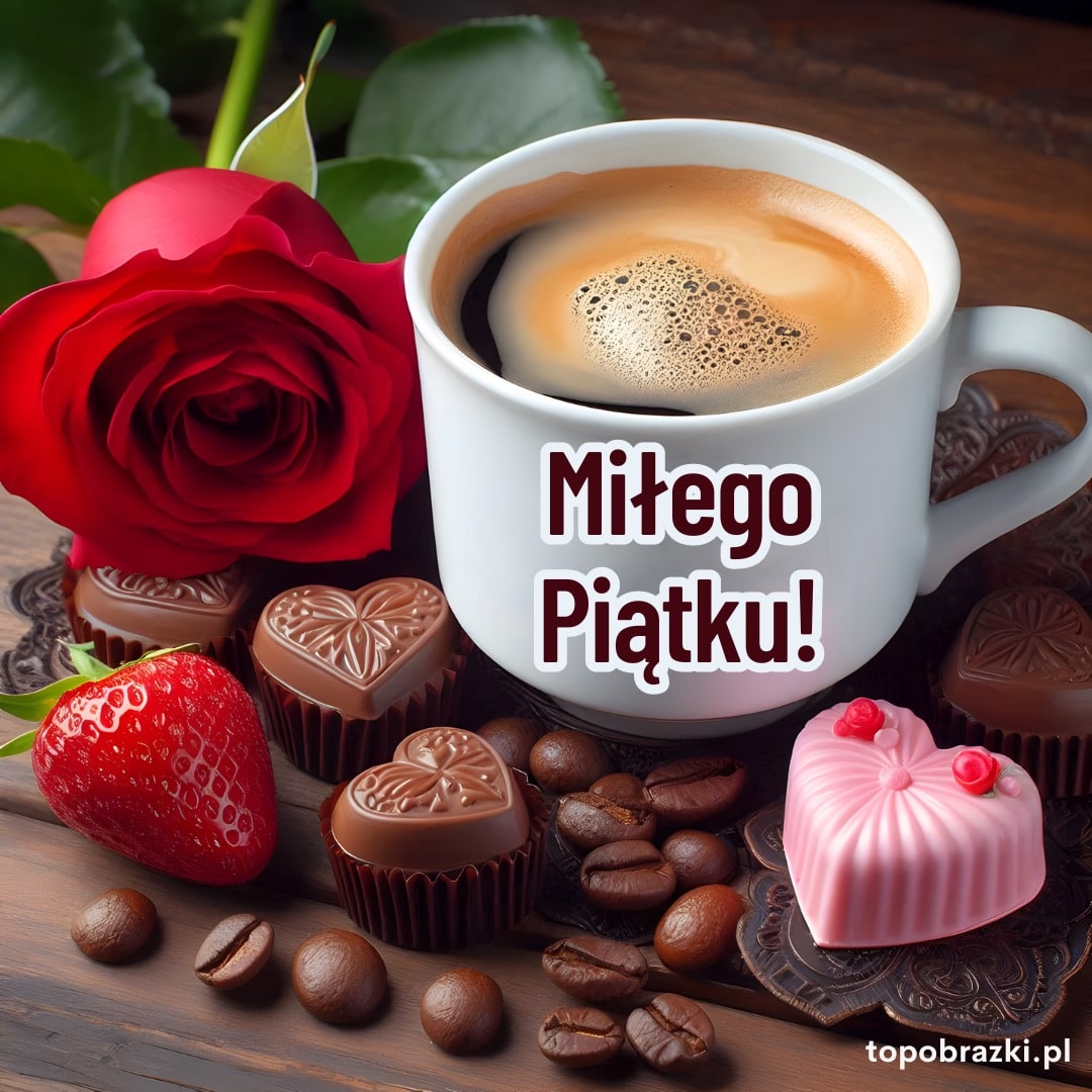 Kawa w filiżance, czerwona róża i czekoladki w kształcie serc z napisem 'Miłego Piątku!'. Kartka z eleganckimi życzeniami na dzień.