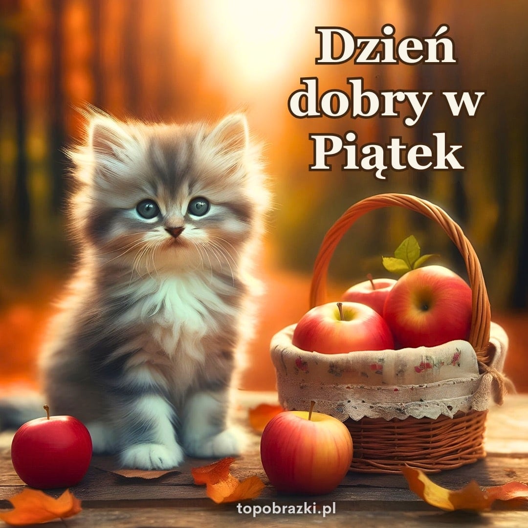 Słodki kotek obok koszyka z jabłkami na tle jesiennego lasu, z napisem „Dzień dobry w Piątek”.