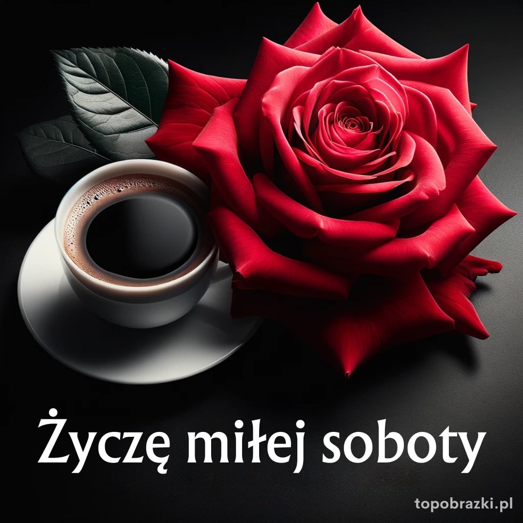 Filiżanka kawy obok czerwonej róży z napisem 'Życzę miłej soboty'. Elegancka kartka na sobotnie życzenia.