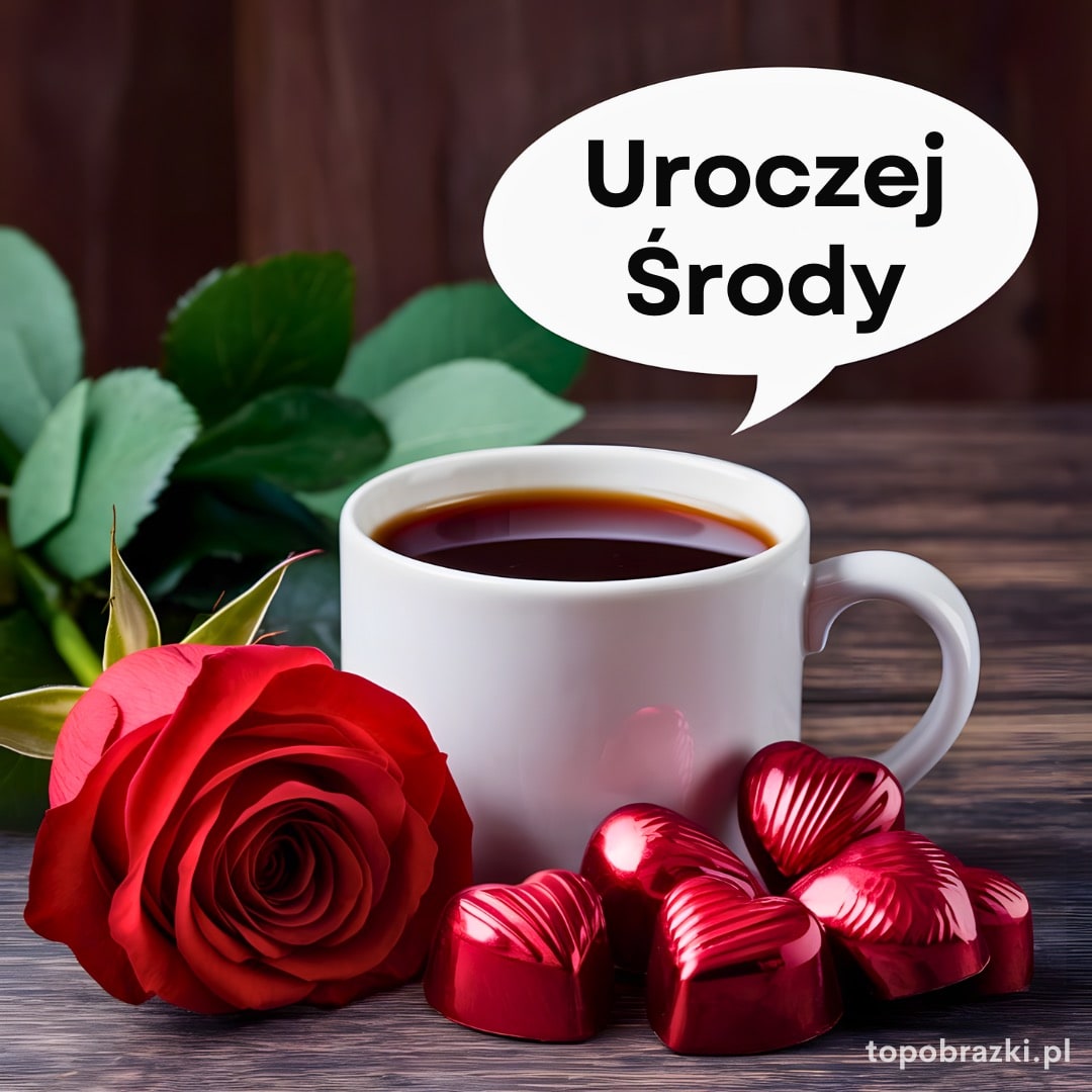 Filiżanka kawy z czerwoną różą i czekoladkami w kształcie serc z napisem 'Uroczej Środy'. Słodkie życzenia na środę.