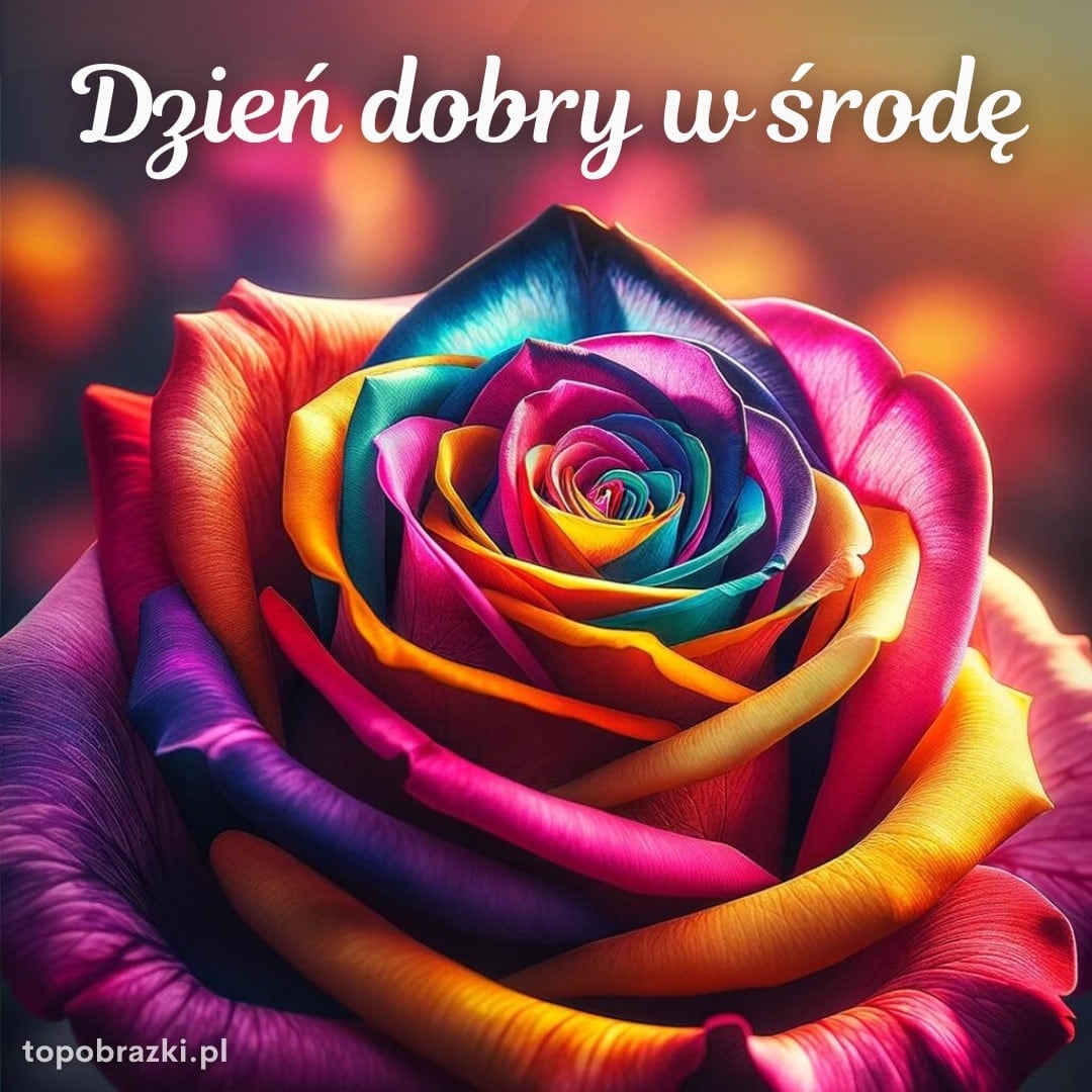 Piękna wielokolorowa róża z napisem 'Dzień dobry w środę'. Energetyczne życzenia na środek tygodnia.