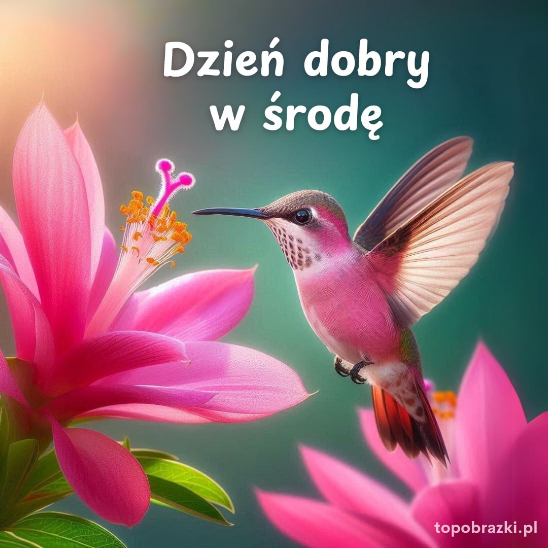 Koliber przy różowym kwiecie i napis „Dzień dobry w środę” na zielono-różowym tle.