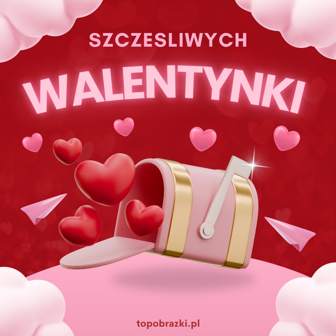 Różowo-złota skrzynka z wysypującymi się sercami na czerwonym tle, wśród chmur i papierowych samolocików.