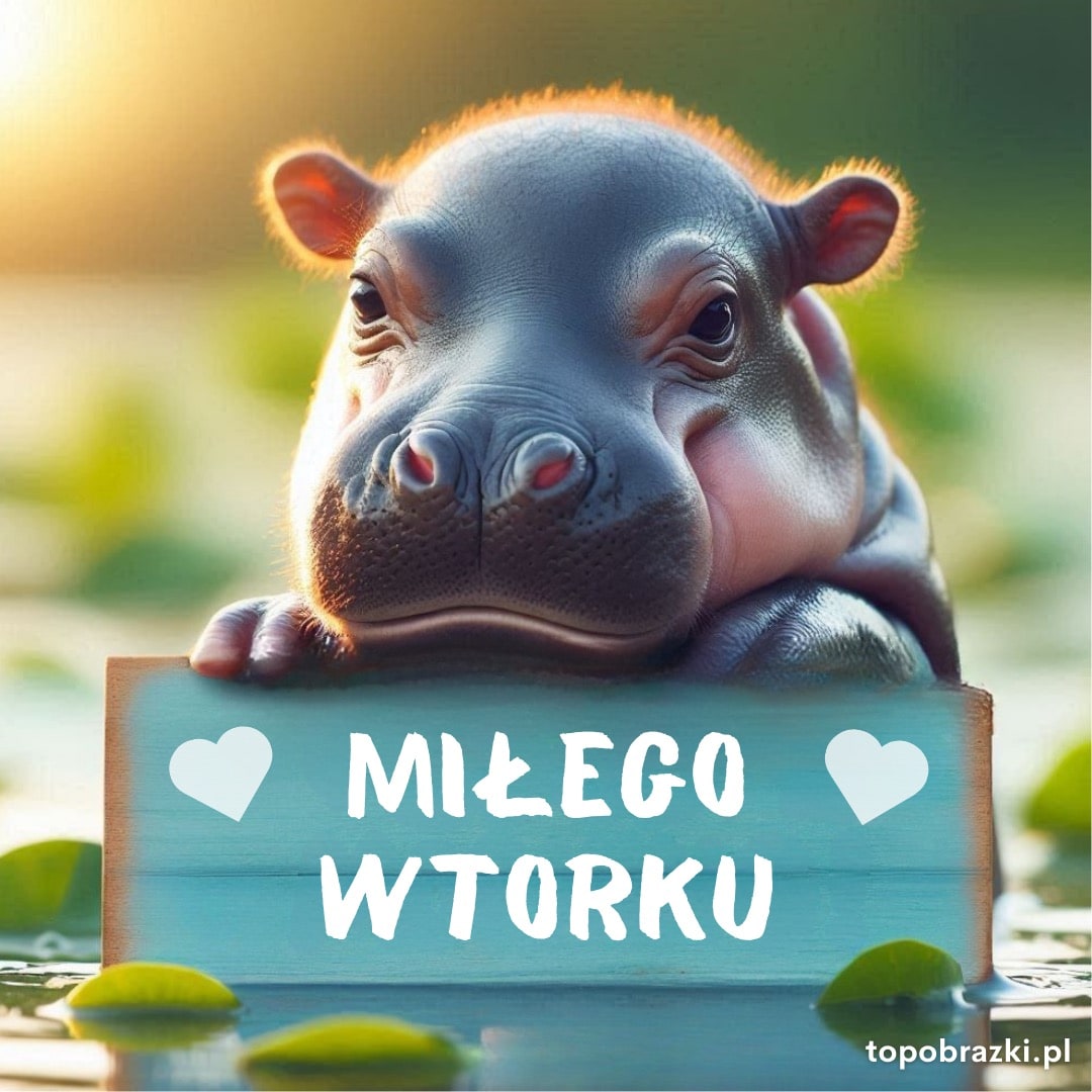Uroczy hipopotam z tabliczką z napisem „Miłego wtorku” i rysunkami serc